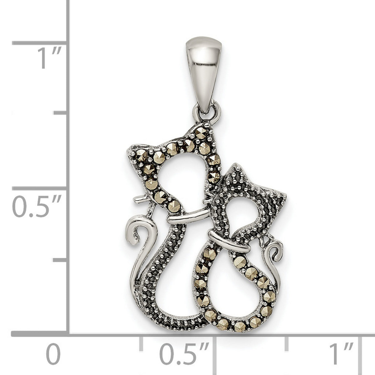 Antiqued Polished Marcasite Cats Charm Pendant in Real 925 Sterling Silver