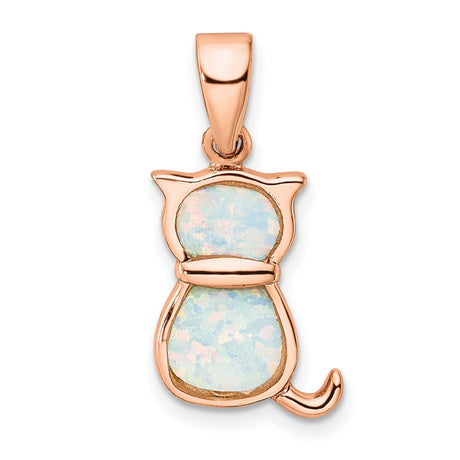 White Created Opal Cat Charm Pendant in Real 925 Sterling Silver