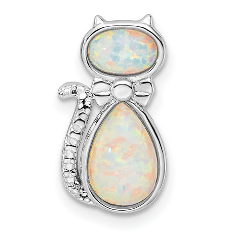 White Created Opal Cat Chain Slide Charm Pendant in Real 925 Sterling Silver