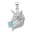 Sterling Silver Unicorn Pendant with Cubic Zirconia and Light Blue Gemstone Accent, Fantasy Jewelry