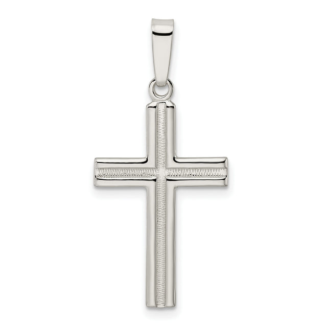 Sterling Silver Latin Cross Pendant with Satin Etched Finish, Polished Modern Unisex Faith Design