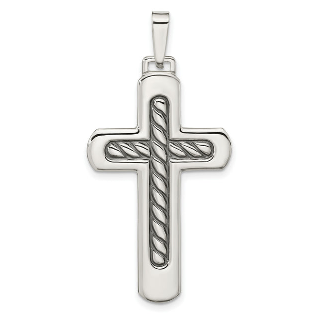 Sterling Silver Cross Pendant with Twisted Rope Detail and Textured Finish