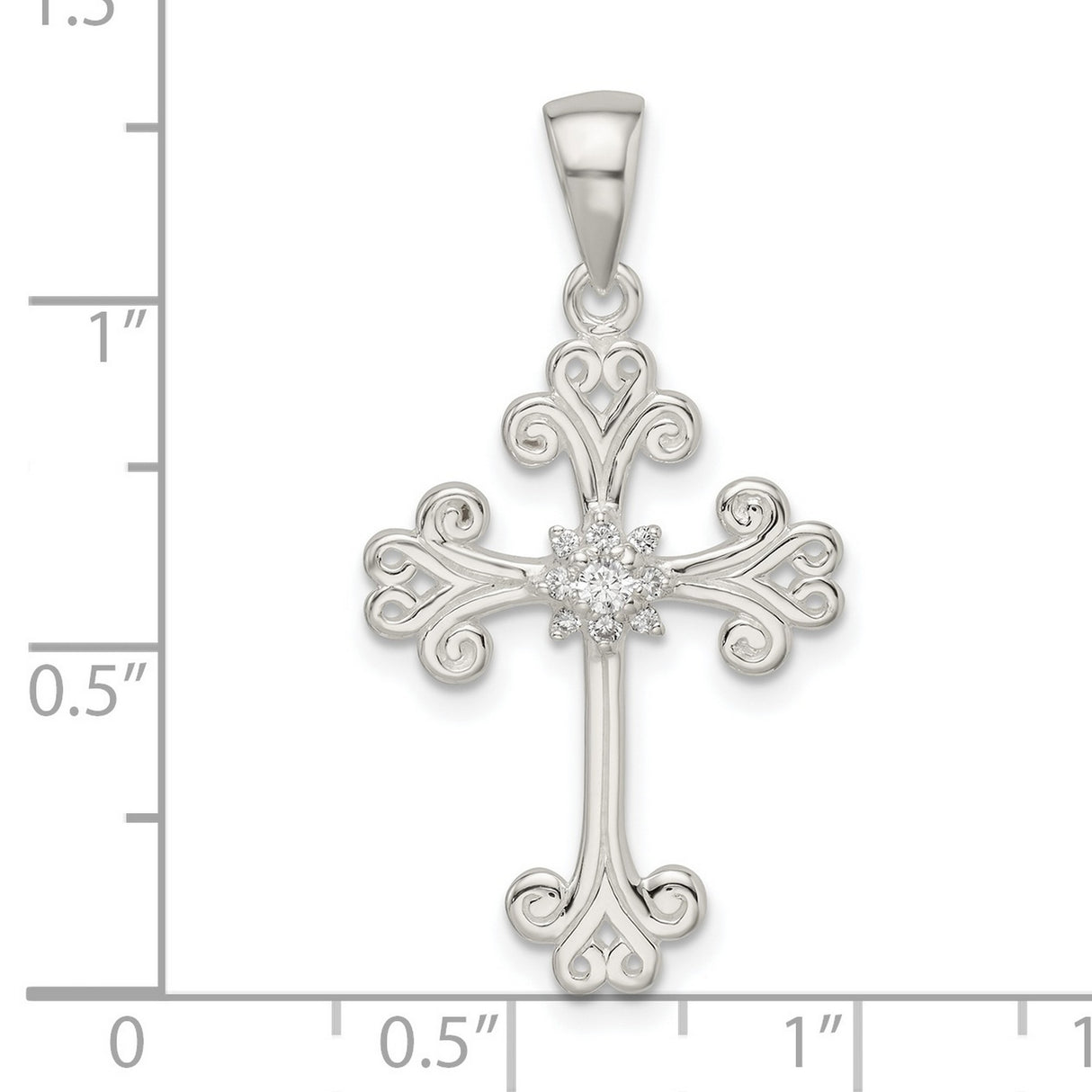 Sterling Silver Cross Pendant with Cubic Zirconia, Filigree Floral Design, Religious Style