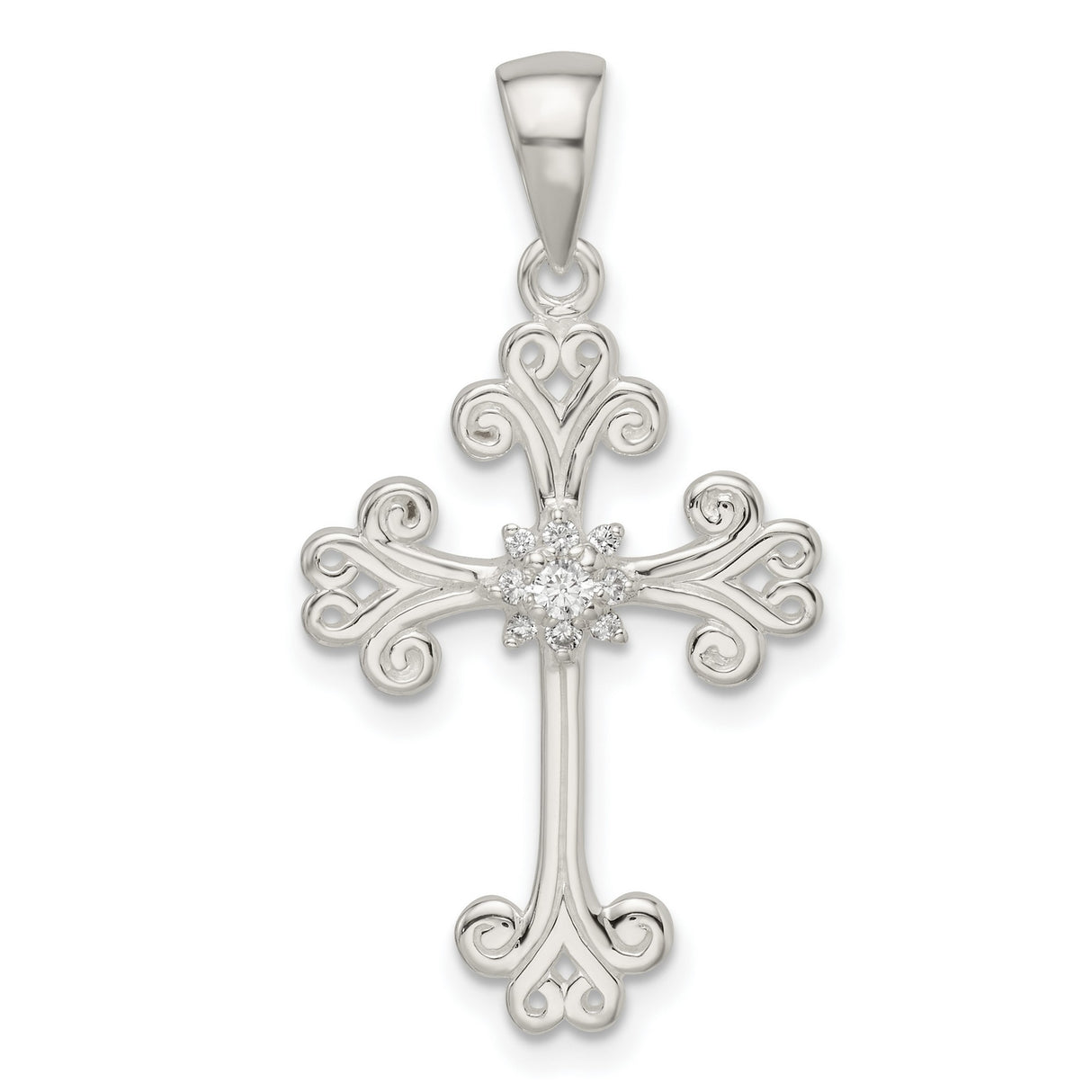 Sterling Silver Cross Pendant with Cubic Zirconia, Filigree Floral Design, Religious Style