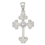 Sterling Silver Cross Pendant with Cubic Zirconia, Filigree Floral Design, Religious Style