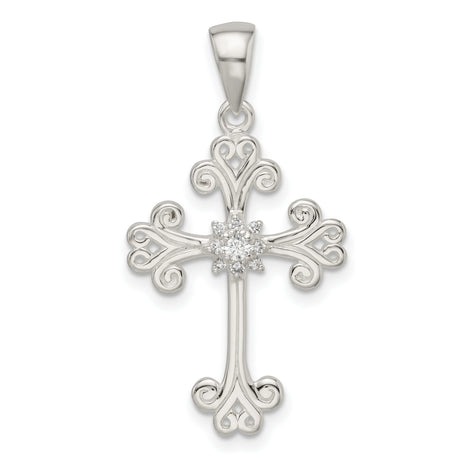 Sterling Silver Cross Pendant with Cubic Zirconia, Filigree Floral Design, Religious Style