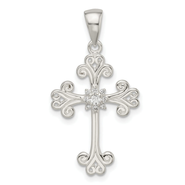 Sterling Silver Cross Pendant with Cubic Zirconia, Filigree Floral Design, Religious Style