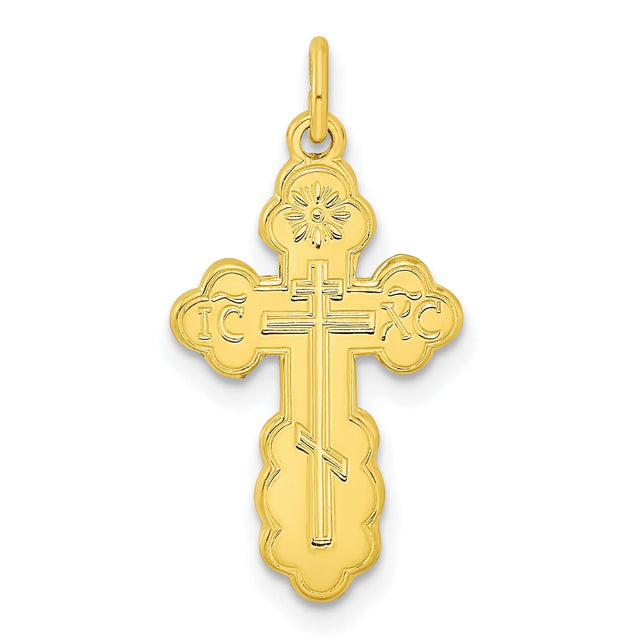 Sterling Silver Eastern Orthodox Cross Pendant with Triple Bar and Scalloped Edge