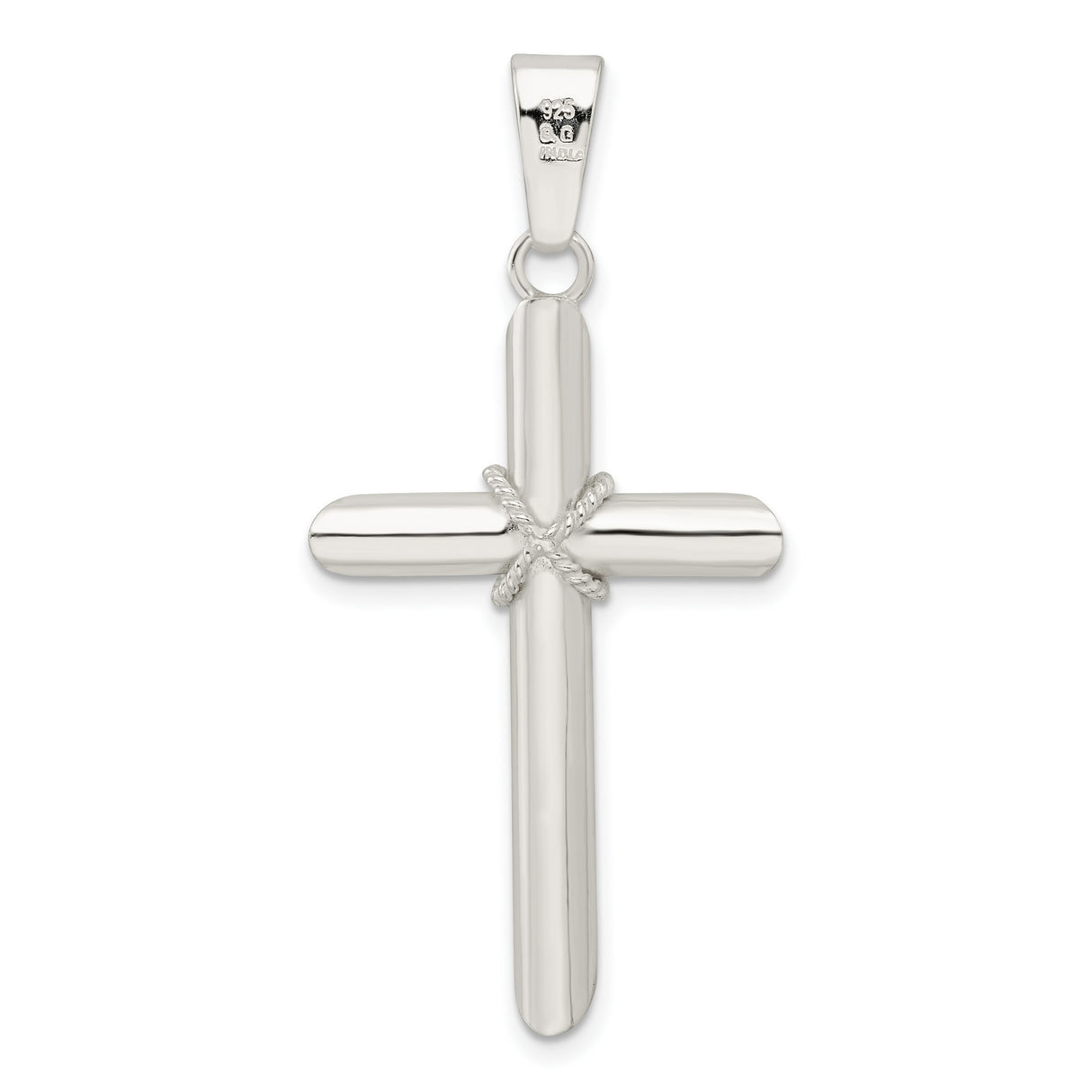 Sterling Silver Cross Pendant with Tube and Rope Detail, Modern Minimalist Religious Design