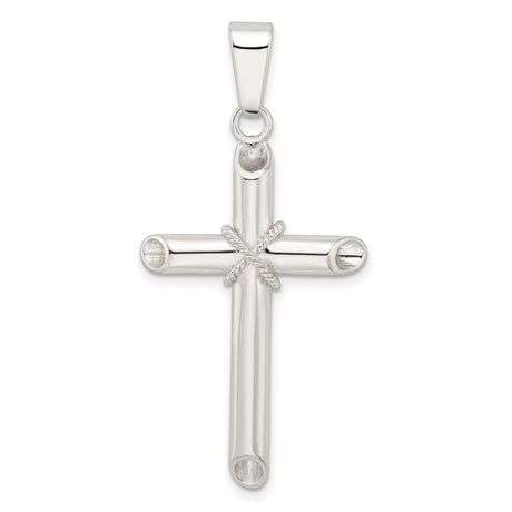 Sterling Silver Cross Pendant with Tube and Rope Detail, Modern Minimalist Religious Design