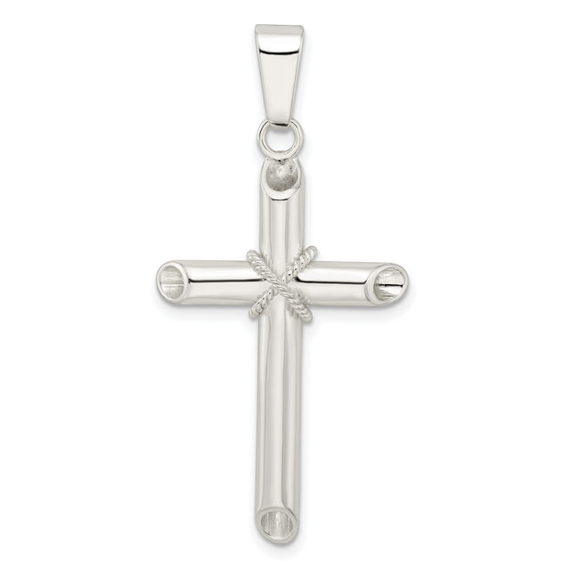 Sterling Silver Cross Pendant with Tube and Rope Detail, Modern Minimalist Religious Design