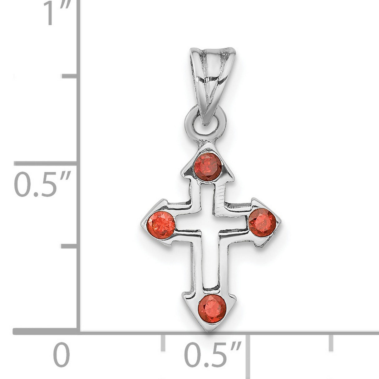 Sterling Silver Cross Pendant with Red Crystal, Modern Arrow Bezel Design for Men and Women