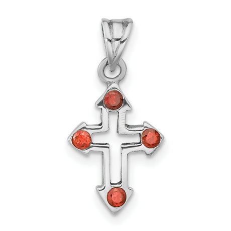 Sterling Silver Cross Pendant with Red Crystal, Modern Arrow Bezel Design for Men and Women