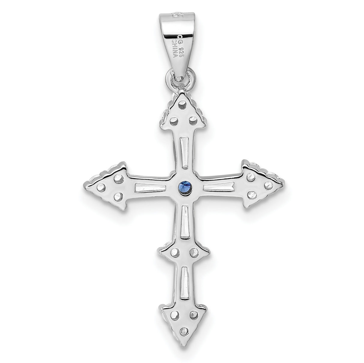 Sterling Silver Cross Pendant with Blue Gemstone and Cubic Zirconia Accents