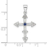Sterling Silver Cross Pendant with Blue Gemstone and Cubic Zirconia Accents