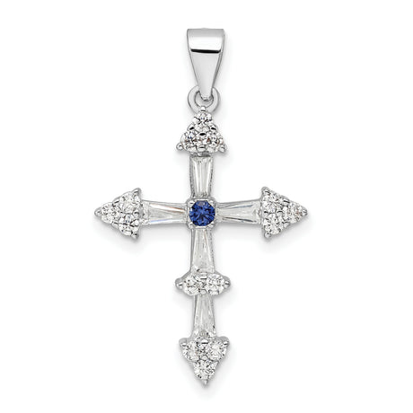 Sterling Silver Cross Pendant with Blue Gemstone and Cubic Zirconia Accents