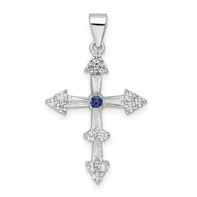 Sterling Silver Cross Pendant with Blue Gemstone and Cubic Zirconia Accents