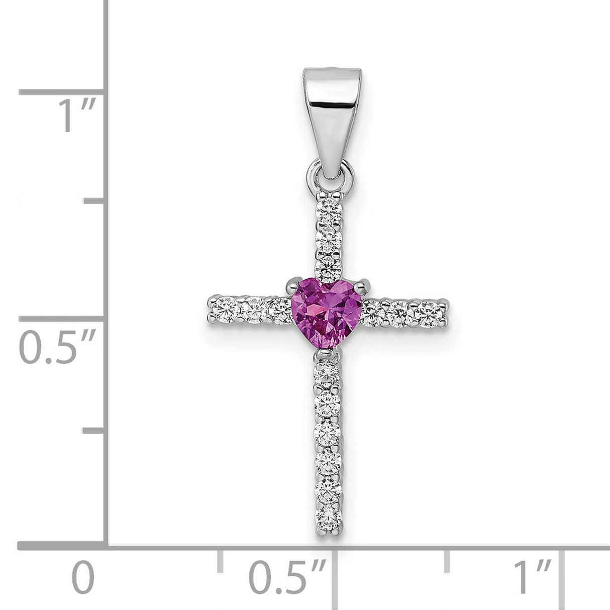 Sterling Silver Cross Pendant with Pink Cubic Zirconia, Heart Charm, and Reflective Accents