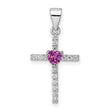 Sterling Silver Cross Pendant with Pink Cubic Zirconia, Heart Charm, and Reflective Accents