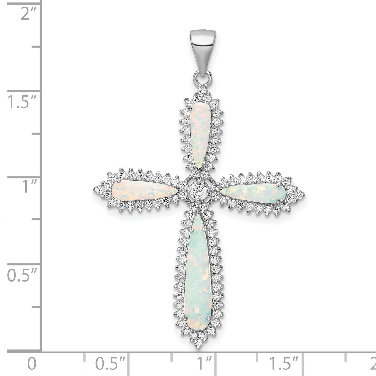 Sterling Silver Cross Pendant with Cubic Zirconia and Lab Created Opal, Teardrop Halo Design