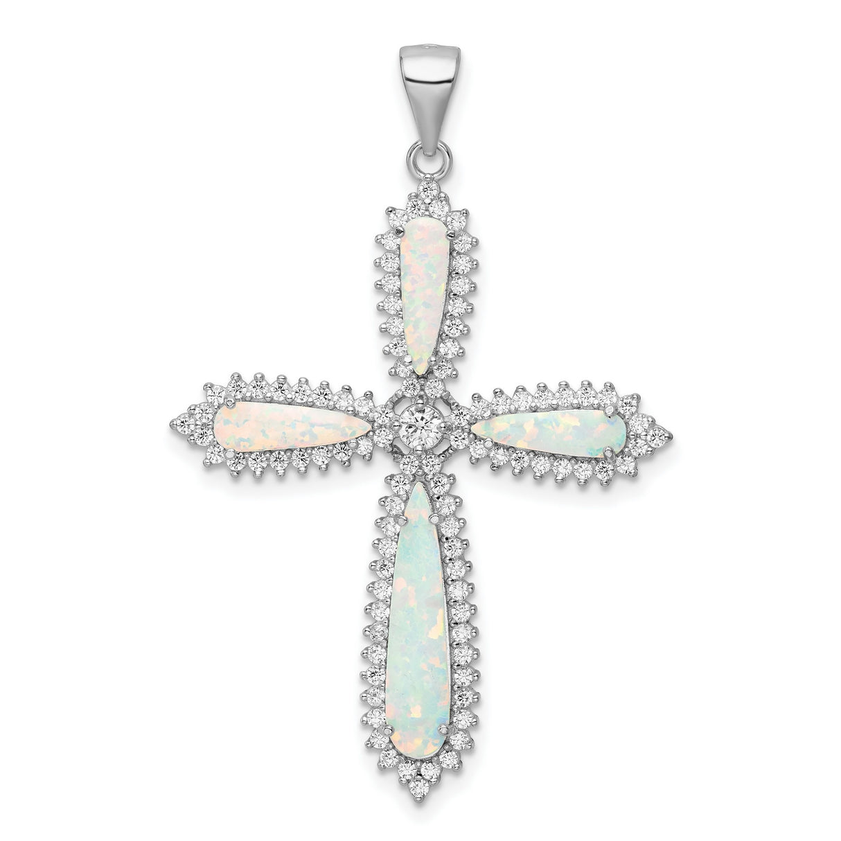 Sterling Silver Cross Pendant with Cubic Zirconia and Lab Created Opal, Teardrop Halo Design