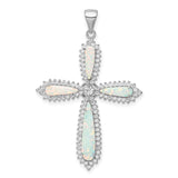 Sterling Silver Cross Pendant with Cubic Zirconia and Lab Created Opal, Teardrop Halo Design