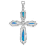 Sterling Silver Cross Pendant with Created Blue Opal and Cubic Zirconia, Teardrop Design