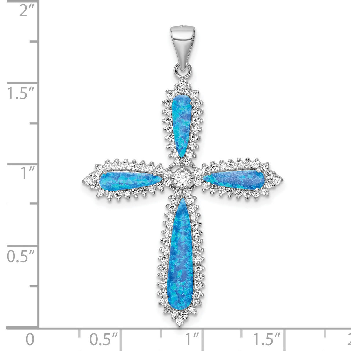 Sterling Silver Cross Pendant with Created Blue Opal and Cubic Zirconia, Teardrop Design