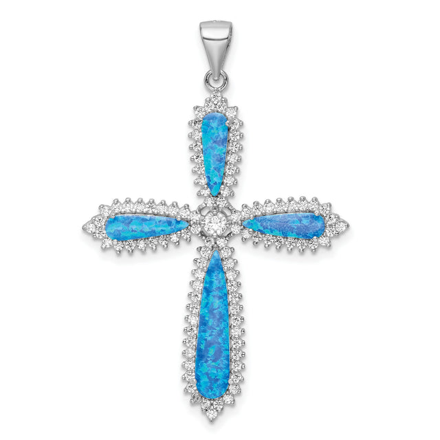 Sterling Silver Cross Pendant with Created Blue Opal and Cubic Zirconia, Teardrop Design