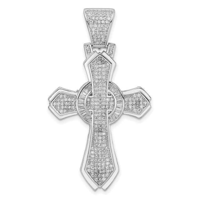 Sterling Silver Cross Pendant with Cubic Zirconia, Beveled Halo Design, Modern Religious Jewelry