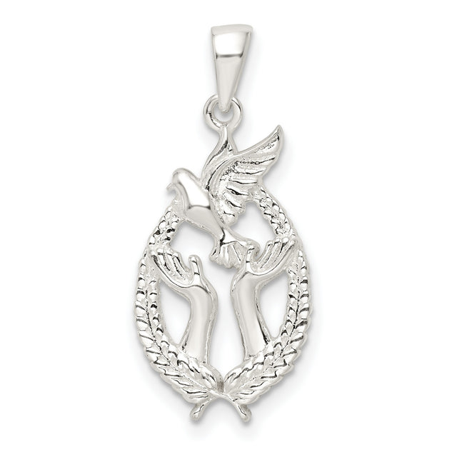 Polished Dove with Hands Charm Pendant in Real 925 Sterling Silver