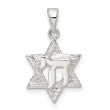 Polished and Diamond-Cut Star of David with Chai Charm Pendant in Real 925 Sterling Silver
