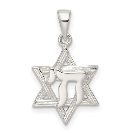Polished and Diamond-Cut Star of David with Chai Charm Pendant in Real 925 Sterling Silver