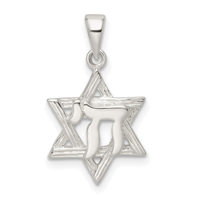 Polished and Diamond-Cut Star of David with Chai Charm Pendant in Real 925 Sterling Silver