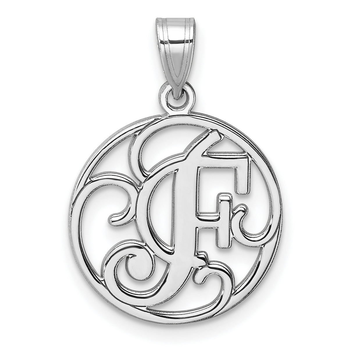 Sterling Silver Initial F Pendant with Script Letter and Openwork Design for Women