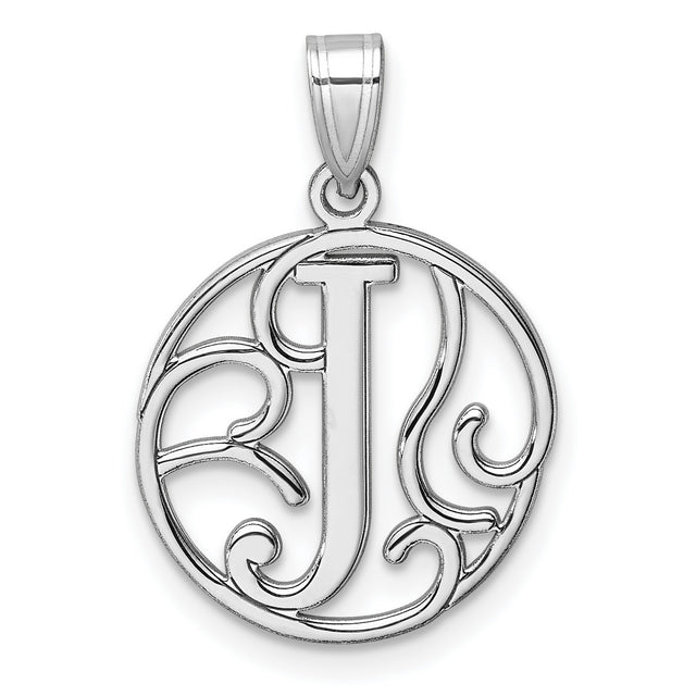Sterling Silver Initial J Pendant, Script Letter Monogram Charm with Scroll Design
