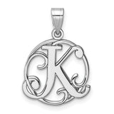 Sterling Silver Initial Pendant, Letter K with Decorative Filigree Design, Feminine Script Charm