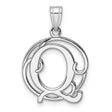 Sterling Silver Initial Pendant with Decorative Circular Frame, Script Letter Q Monogram Charm