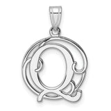 Sterling Silver Initial Pendant with Decorative Circular Frame, Script Letter Q Monogram Charm