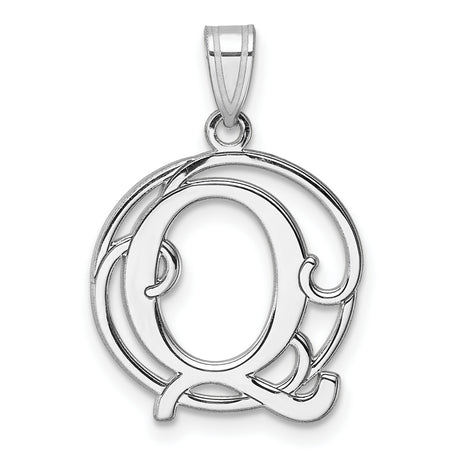 Sterling Silver Initial Pendant with Decorative Circular Frame, Script Letter Q Monogram Charm