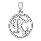 Sterling Silver Monogram Pendant with Ornate Script R in Round Openwork Design