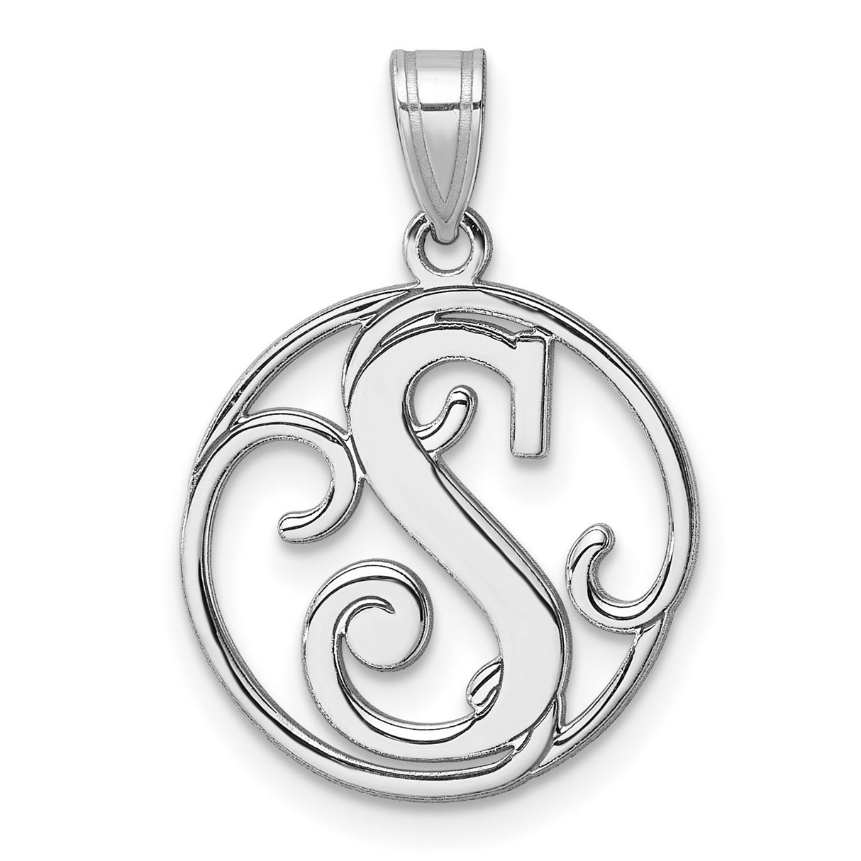 Sterling Silver Pendant with Script Initial S Design, Round Openwork Monogram Charm
