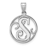 Sterling Silver Pendant with Script Initial S Design, Round Openwork Monogram Charm