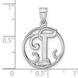 Sterling Silver Initial T Pendant, Round Filigree Script Letter Charm for Women