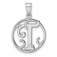 Sterling Silver Initial T Pendant, Round Filigree Script Letter Charm for Women