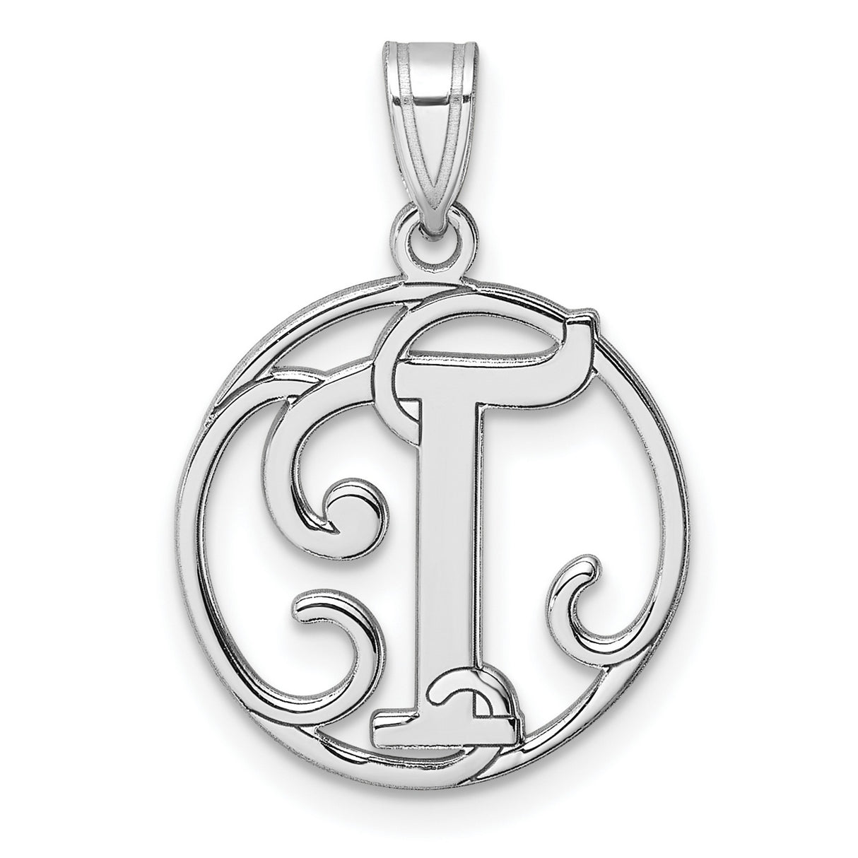 Sterling Silver Initial T Pendant, Round Filigree Script Letter Charm for Women