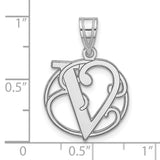 Sterling Silver Initial Pendant with Script Letter V in Circle Frame, Monogram Charm