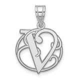 Sterling Silver Initial Pendant with Script Letter V in Circle Frame, Monogram Charm