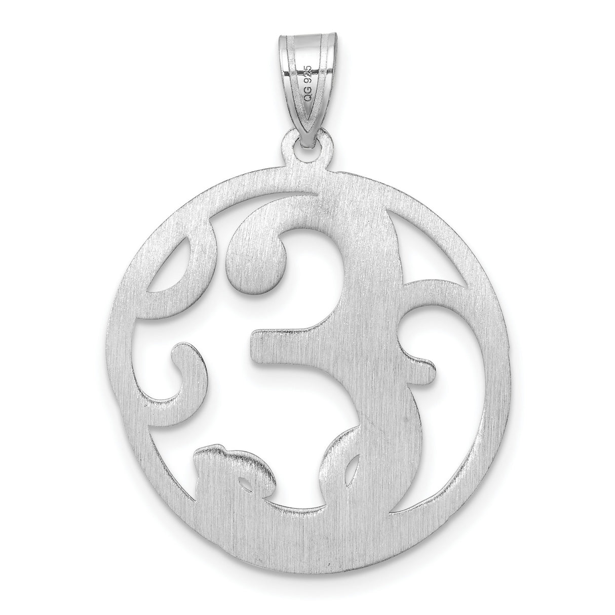 Sterling Silver Initial Pendant with Cut-Out Script Letter E and Round Filigree Design