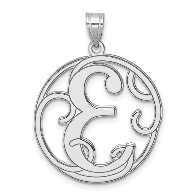 Sterling Silver Initial Pendant with Cut-Out Script Letter E and Round Filigree Design